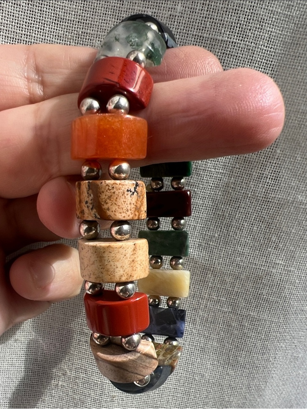 Multicolor gemstone & Sterling silver Spacer Stretch Bracelet Size 6.5